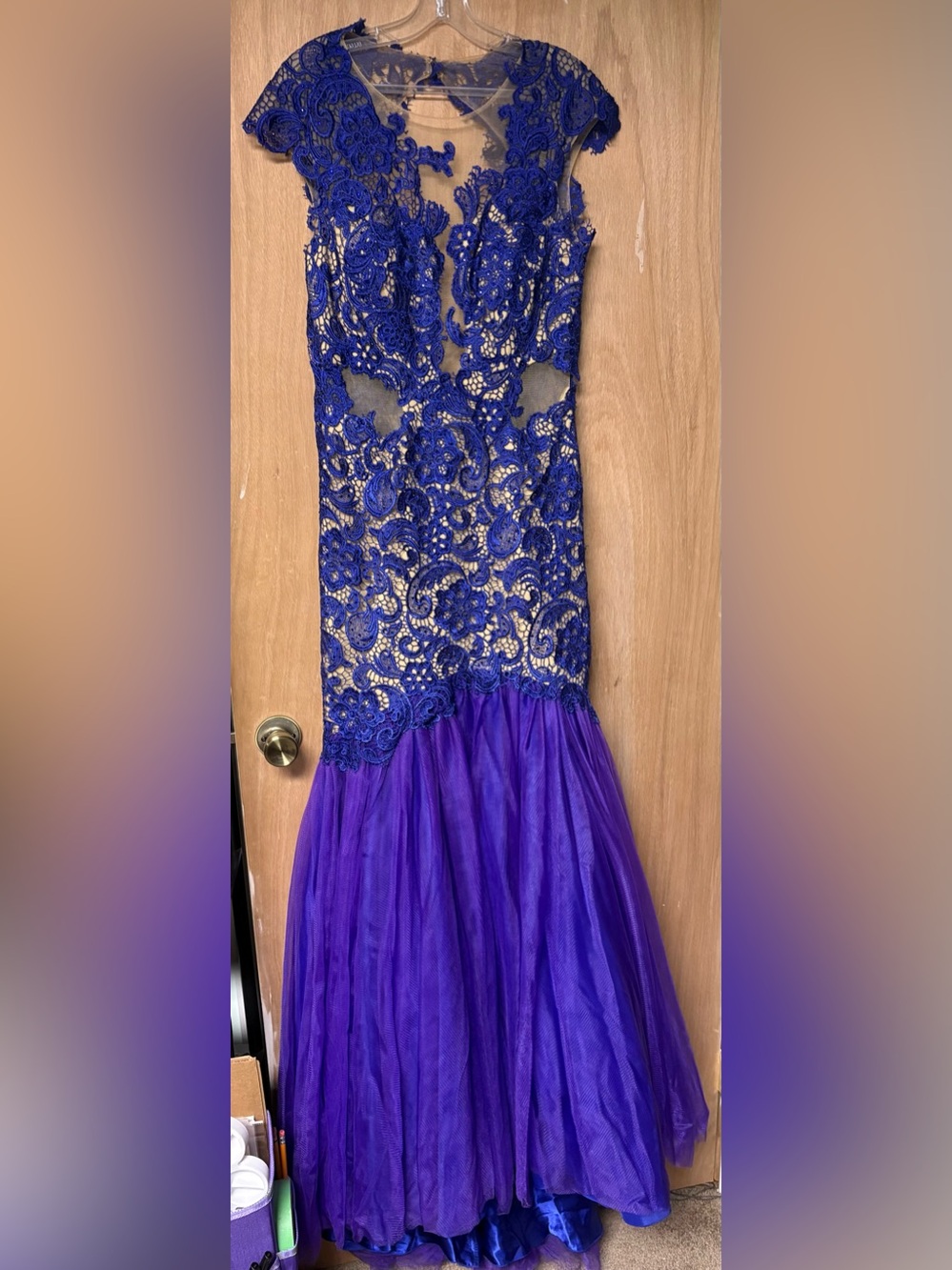 Mac Duggal Royal Blue and Purple Lace Mermaid Prom Dress